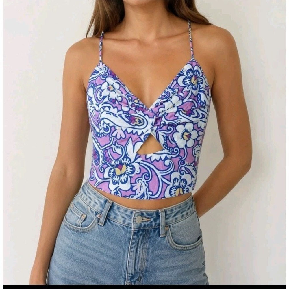 LOFT Beach Floral Paisley Smocked Cami Top Womens‎ L Pink Blue Spaghetti Strap